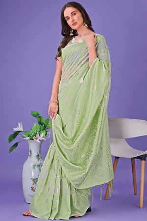 Light Green Floral Pattern Woven Saree in a Soft Cotton Blend with Tasseled Edges