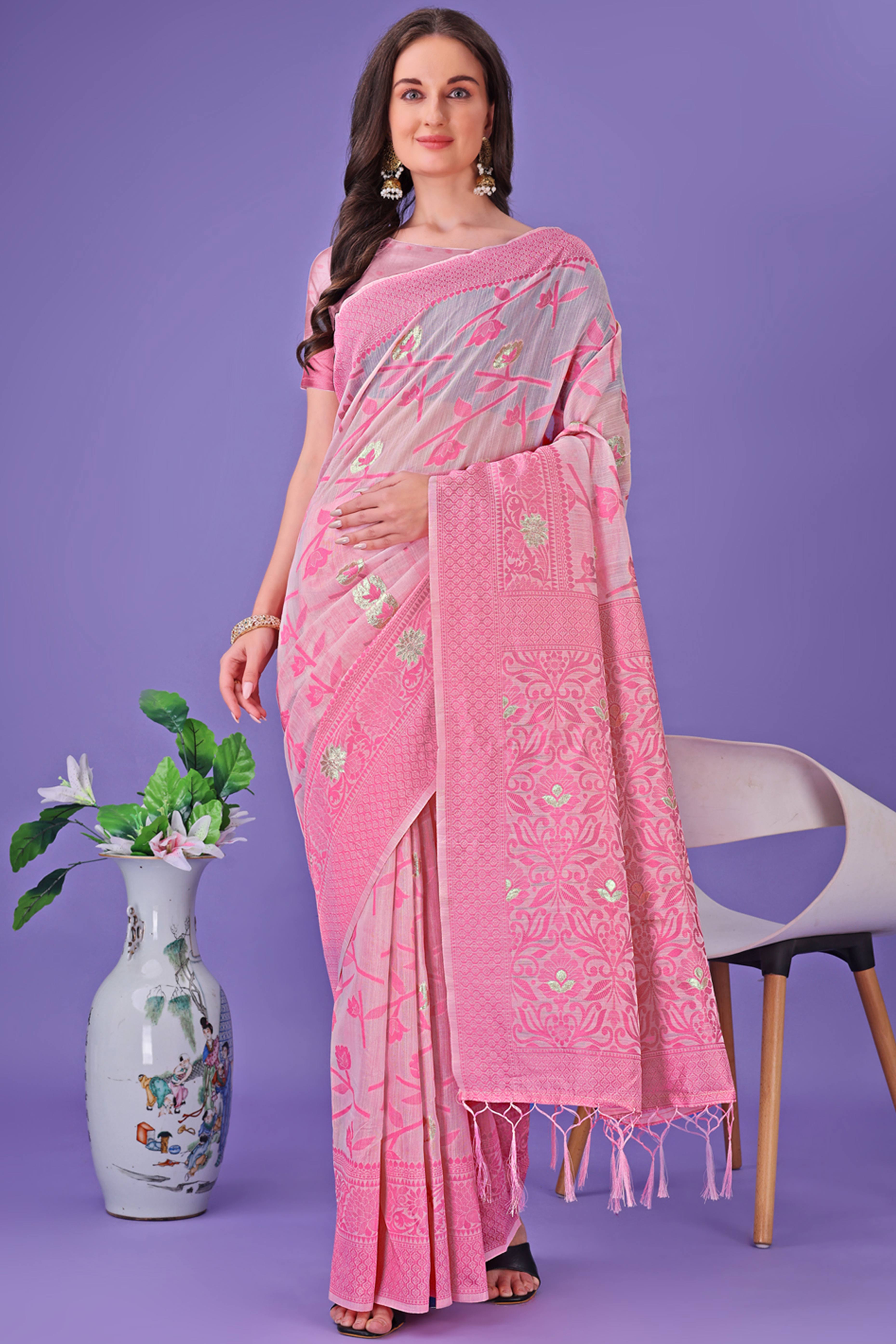 Light Pink Floral Pattern Woven Saree in a Soft Cotton Blend with Tasseled Edges