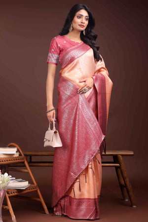 Peach Floral Zari Weaving Lichi Cotton Silk Saree With Tassel Border