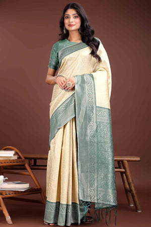 Cream Floral Zari Weaving Lichi Cotton Silk Saree With Tassel Border