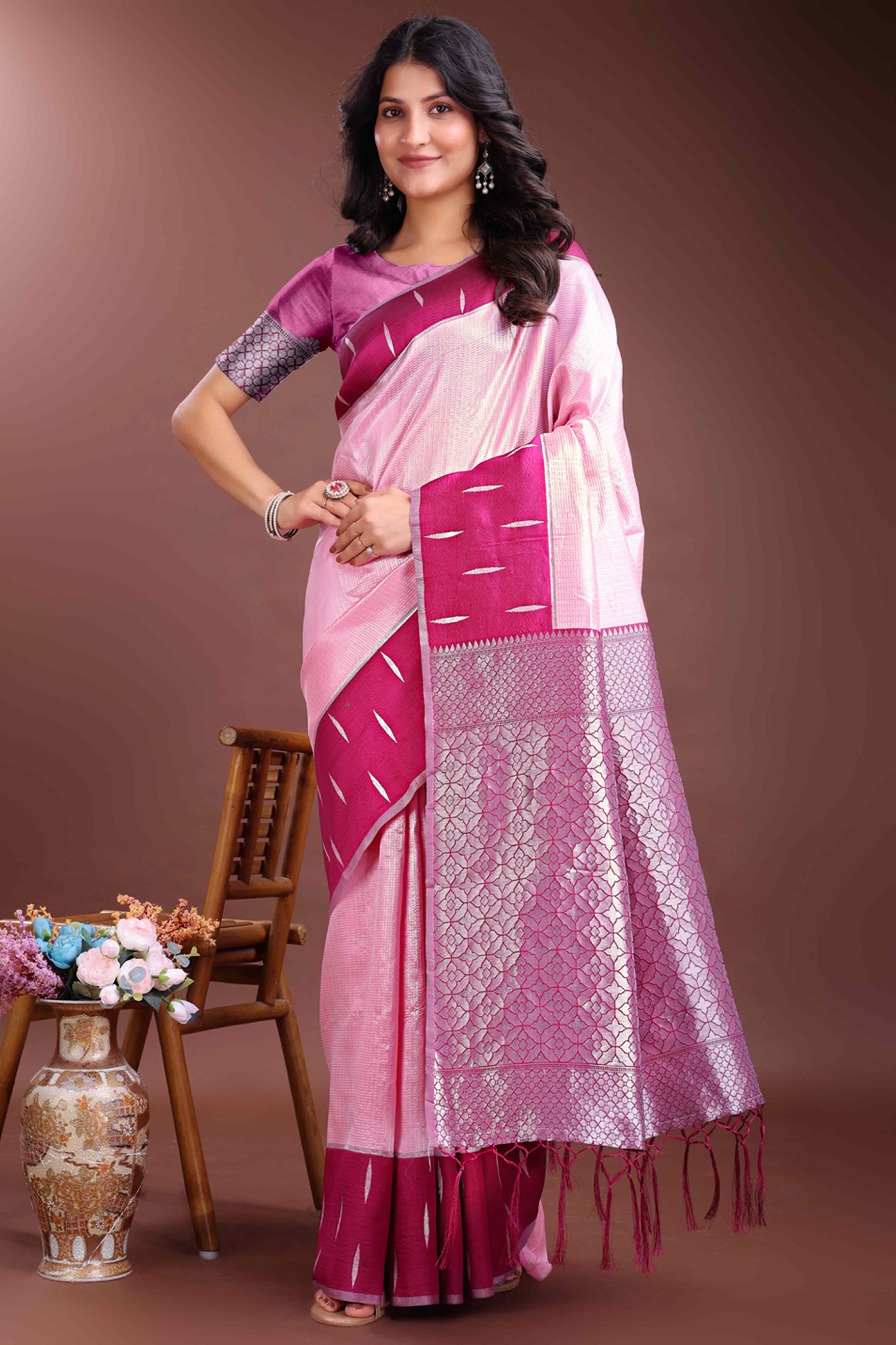 Exquisite Pink Zari Weaving Silk Blend Saree with Unmatched Grace