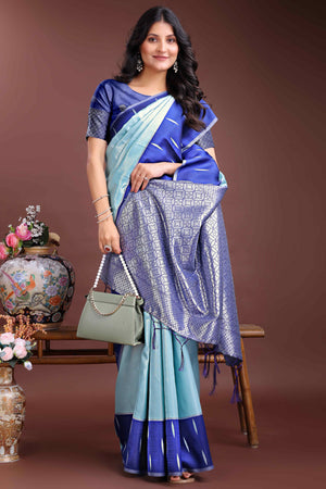 Tranquil Aqua Blue Zari Weaving Silk Blend Saree of Oceanic Serenity