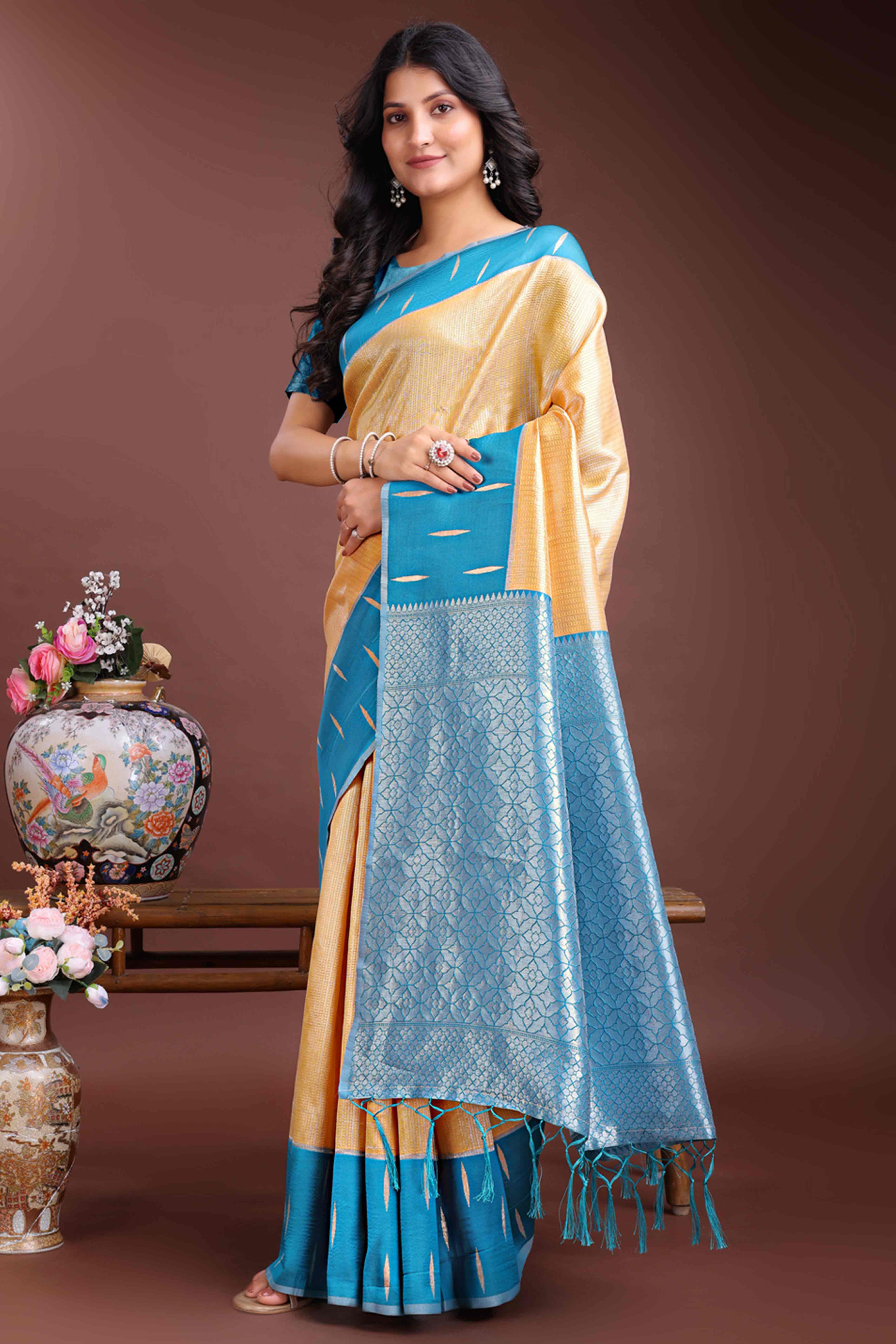 Vibrant Mustard Zari Weaving Silk Blend Saree with Golden Splendor