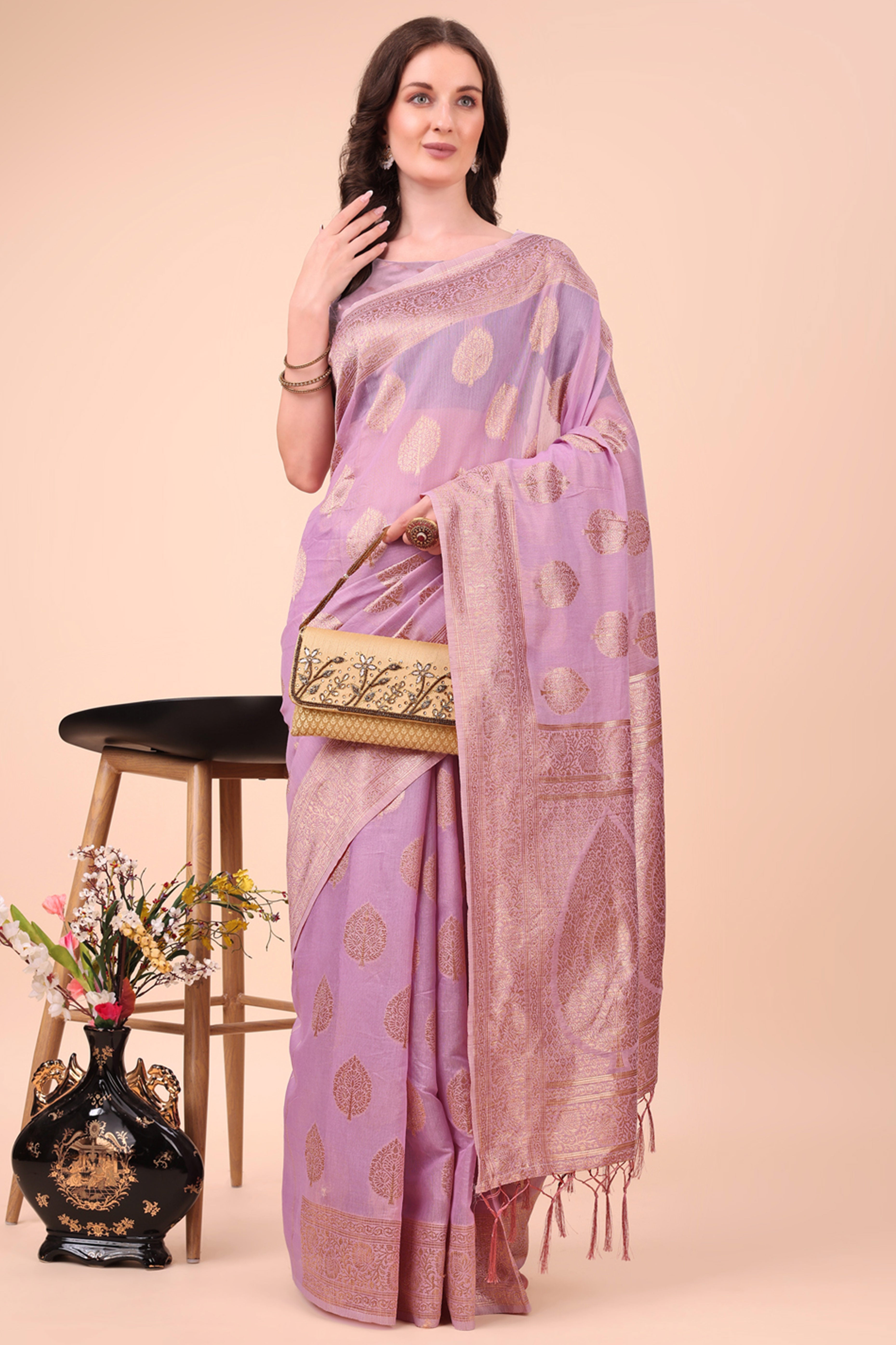 Lavender Cotton Blend Saree With Intricate Floral Zari Weaving & Elegant Tassel Accents