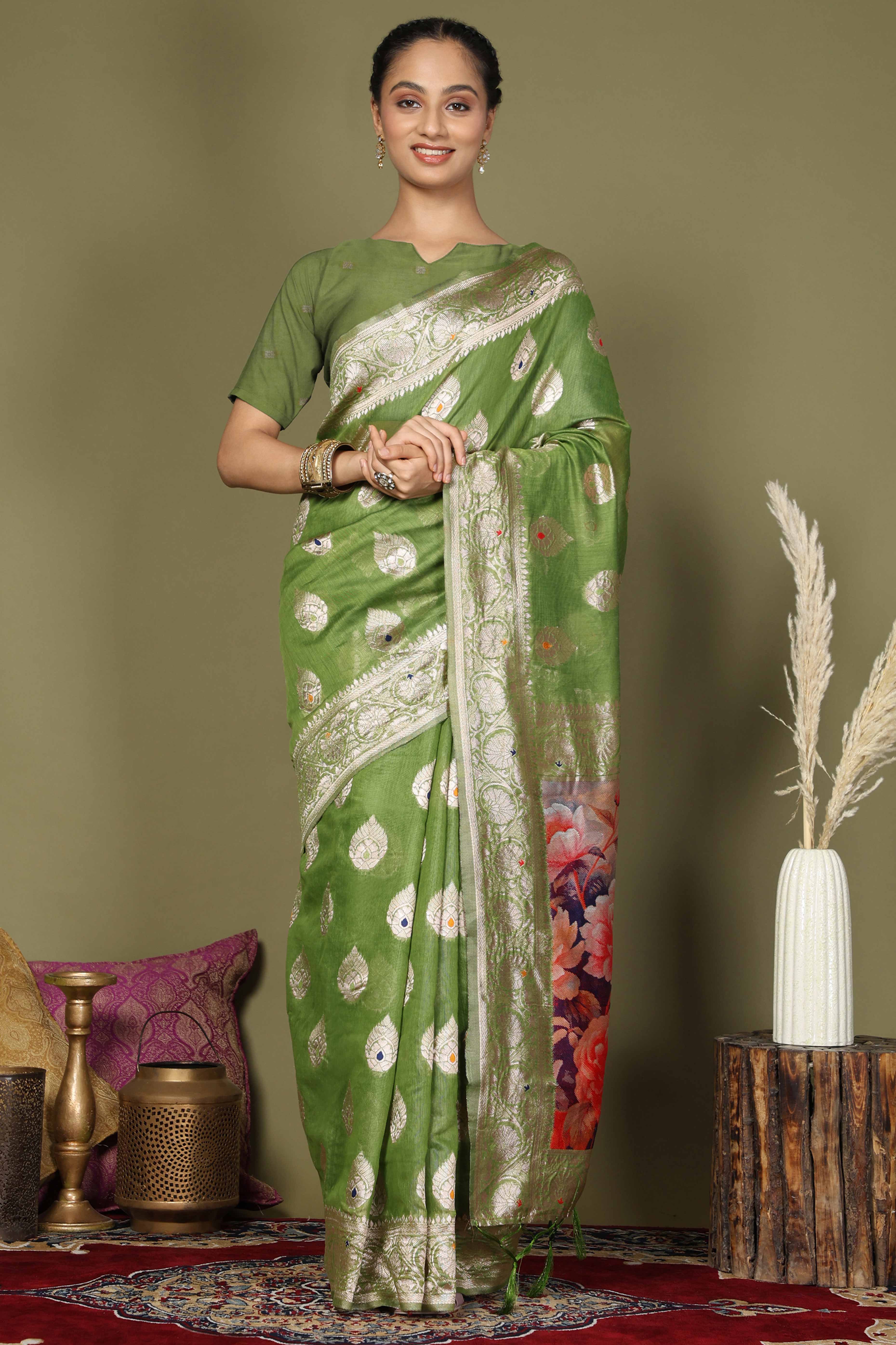 Green Saree In Linen Cotton Featuring Floral Zari Weaving & Digital Printed Pallu