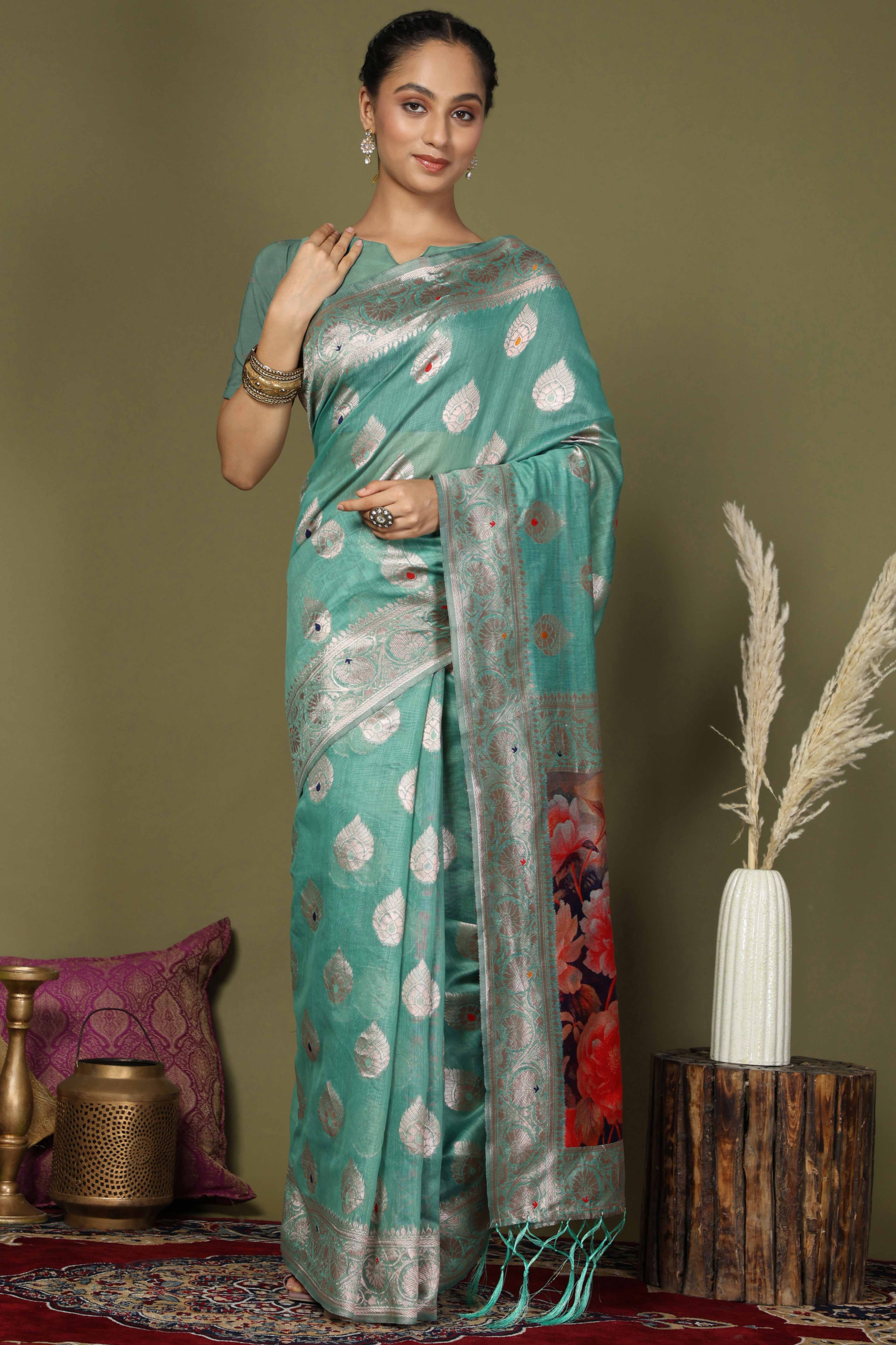 Turquoise Saree In Linen Cotton Featuring Floral Zari Weaving & Digital Printed Pallu