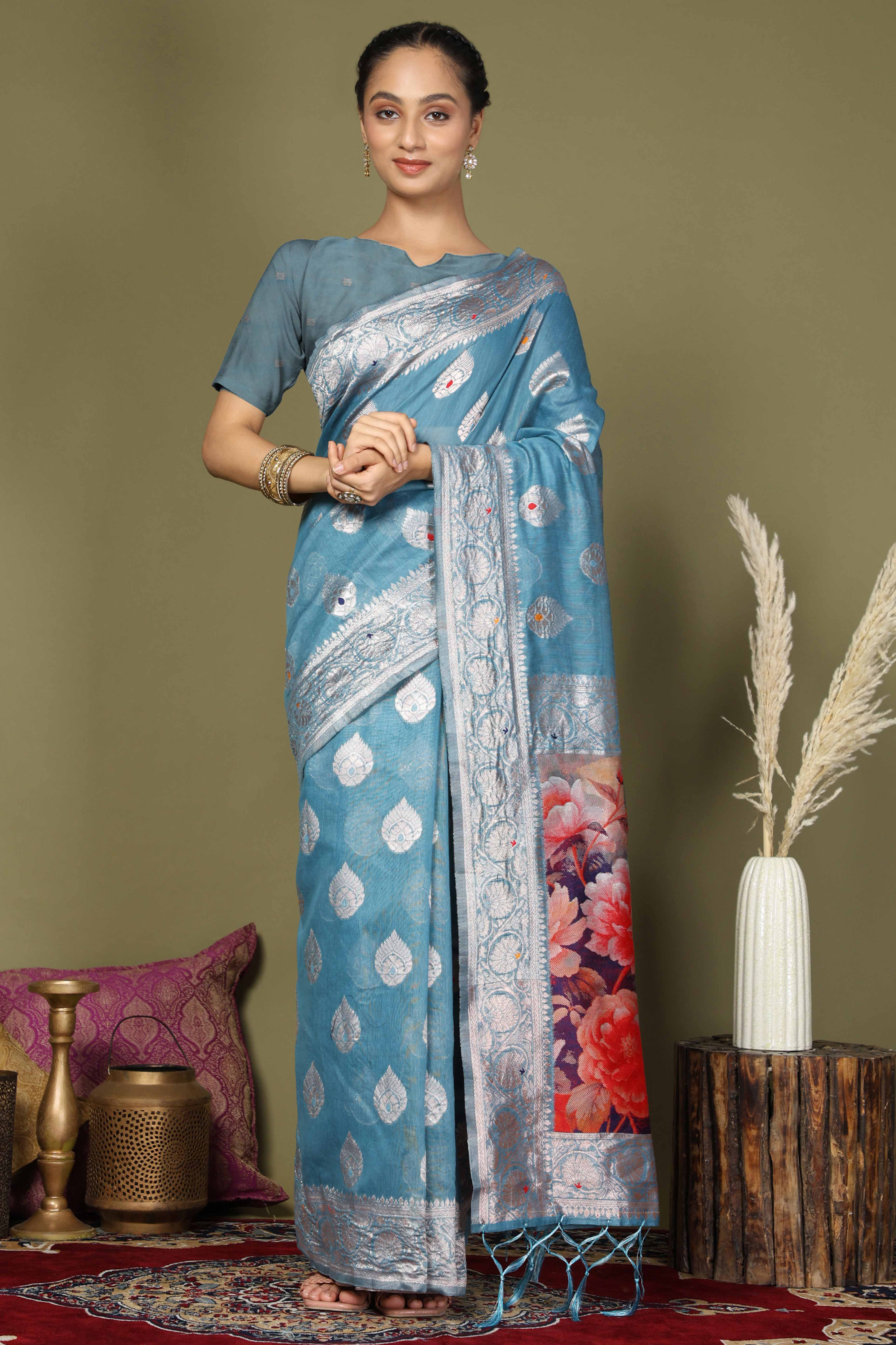 Blue Saree In Linen Cotton Featuring Floral Zari Weaving & Digital Printed Pallu