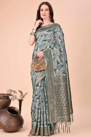Green Floral Zari Woven Cotton Blend Saree With Soft Tassel Edging