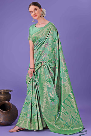 Green Floral Zari Woven Saree in a Lustrous Cotton Silk Blend
