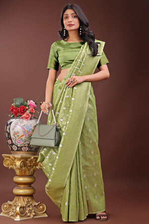 Green Zari Work Cotton Silk Saree Finished with Luxe Tassels