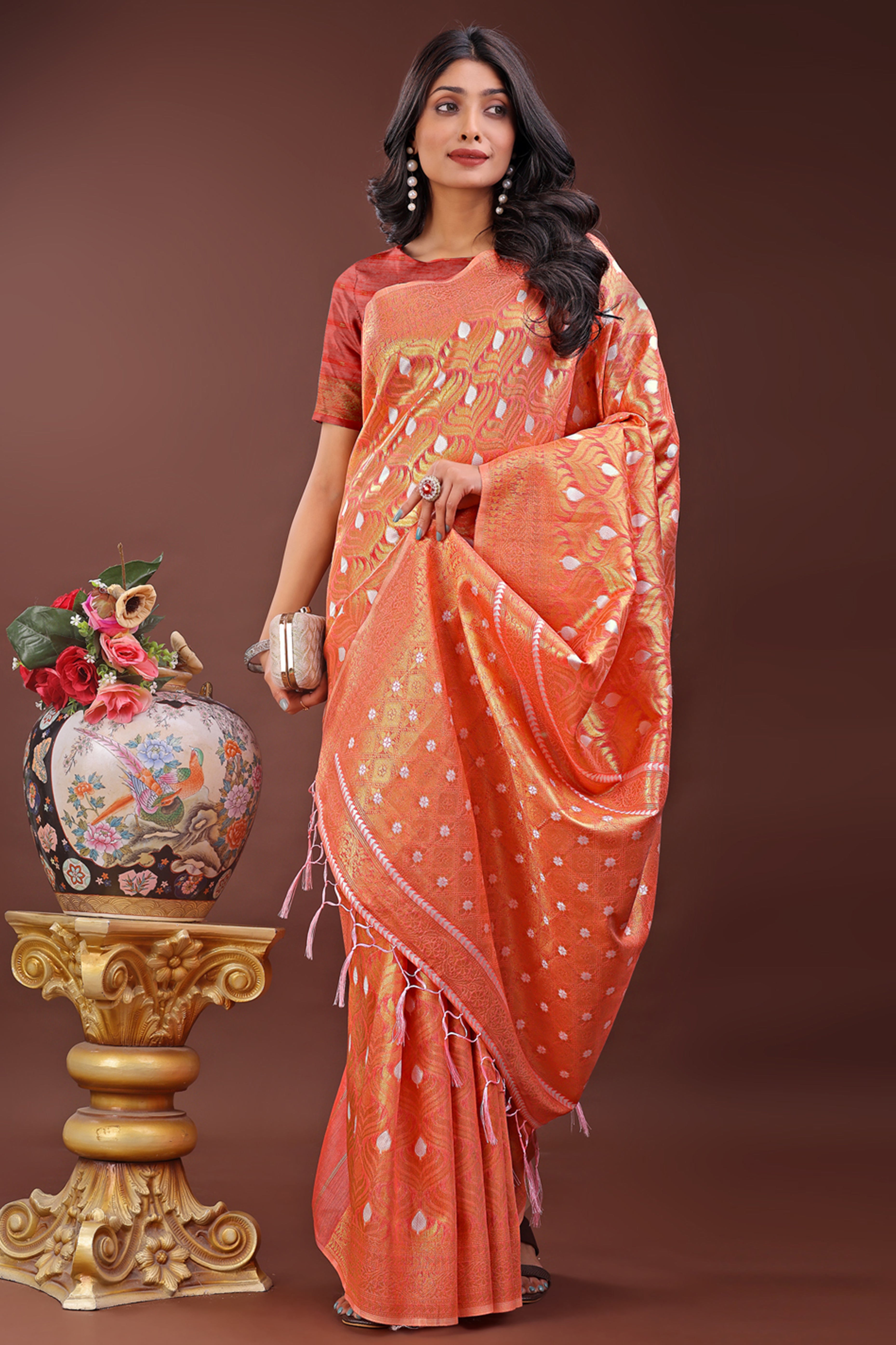 Orange Zari Work Cotton Silk Saree Finished with Luxe Tassels