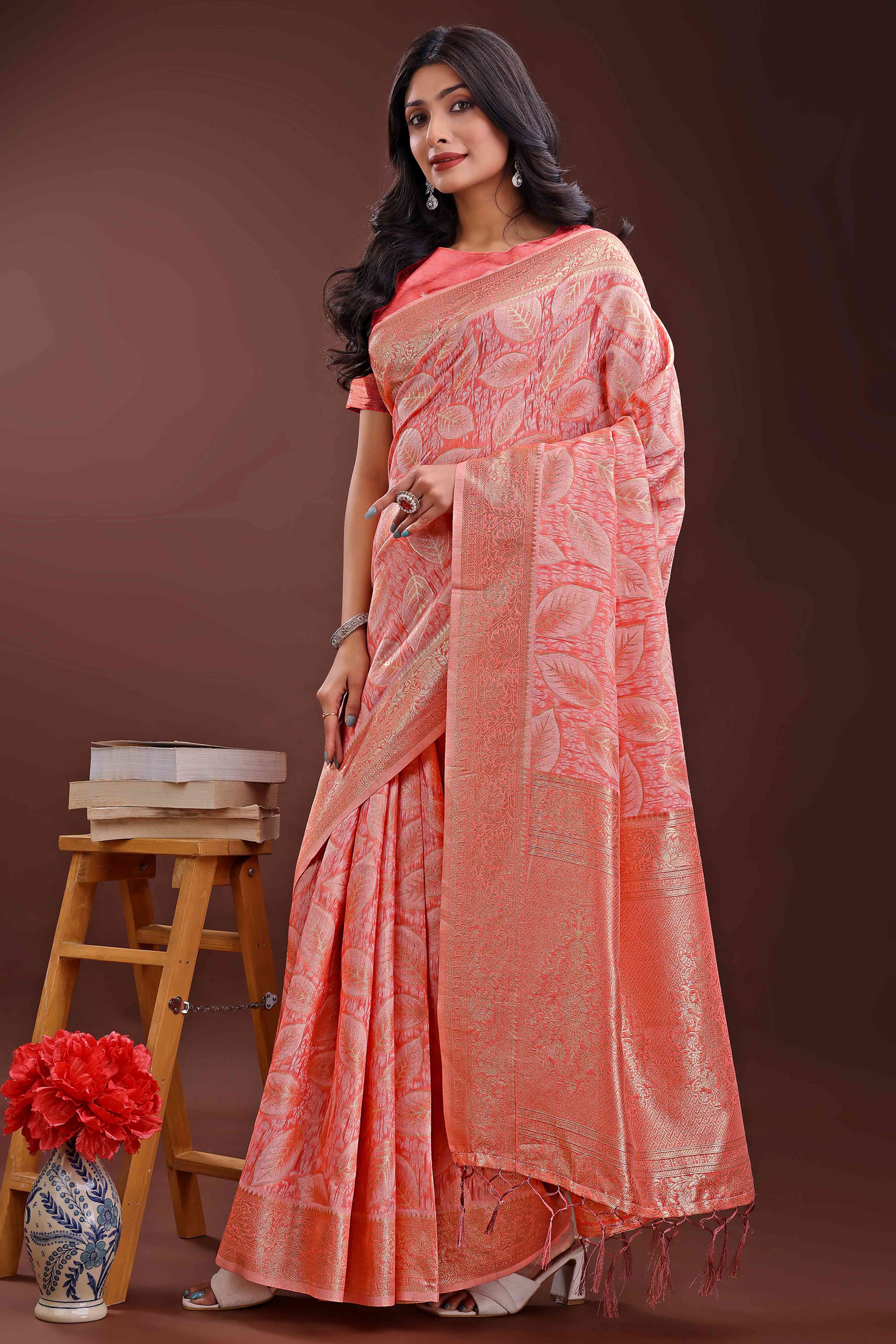 Peach Brocade Woven Saree in Cotton Silk Blend with Zari Detailing