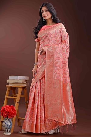 Peach Brocade Woven Saree in Cotton Silk Blend with Zari Detailing