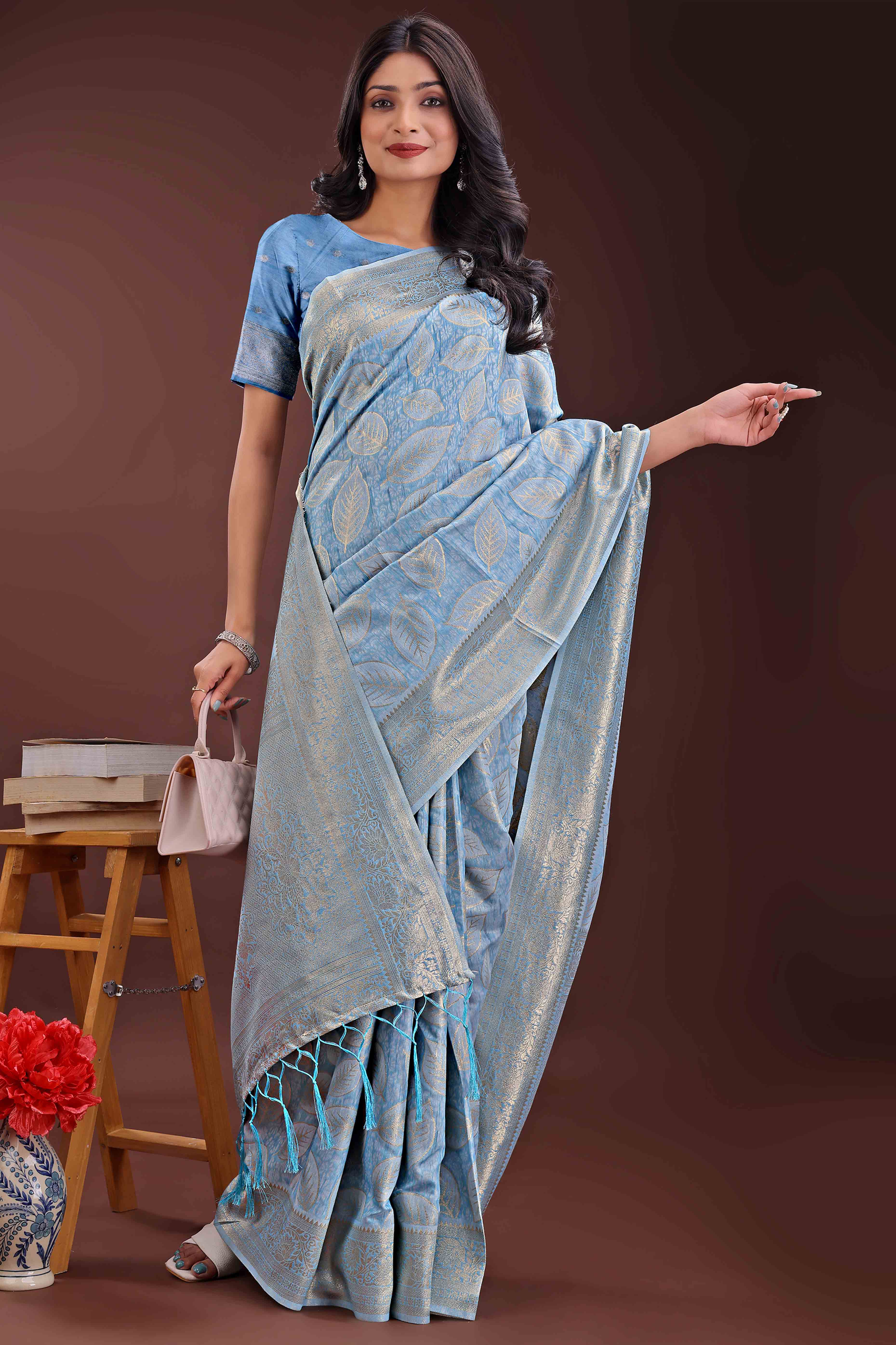 Sky Blue Brocade Woven Saree in Cotton Silk Blend with Zari Detailing