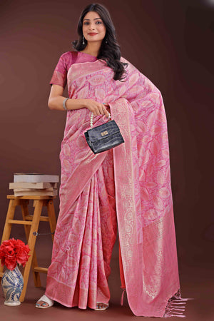 Pink Brocade Woven Saree in Cotton Silk Blend with Zari Detailing