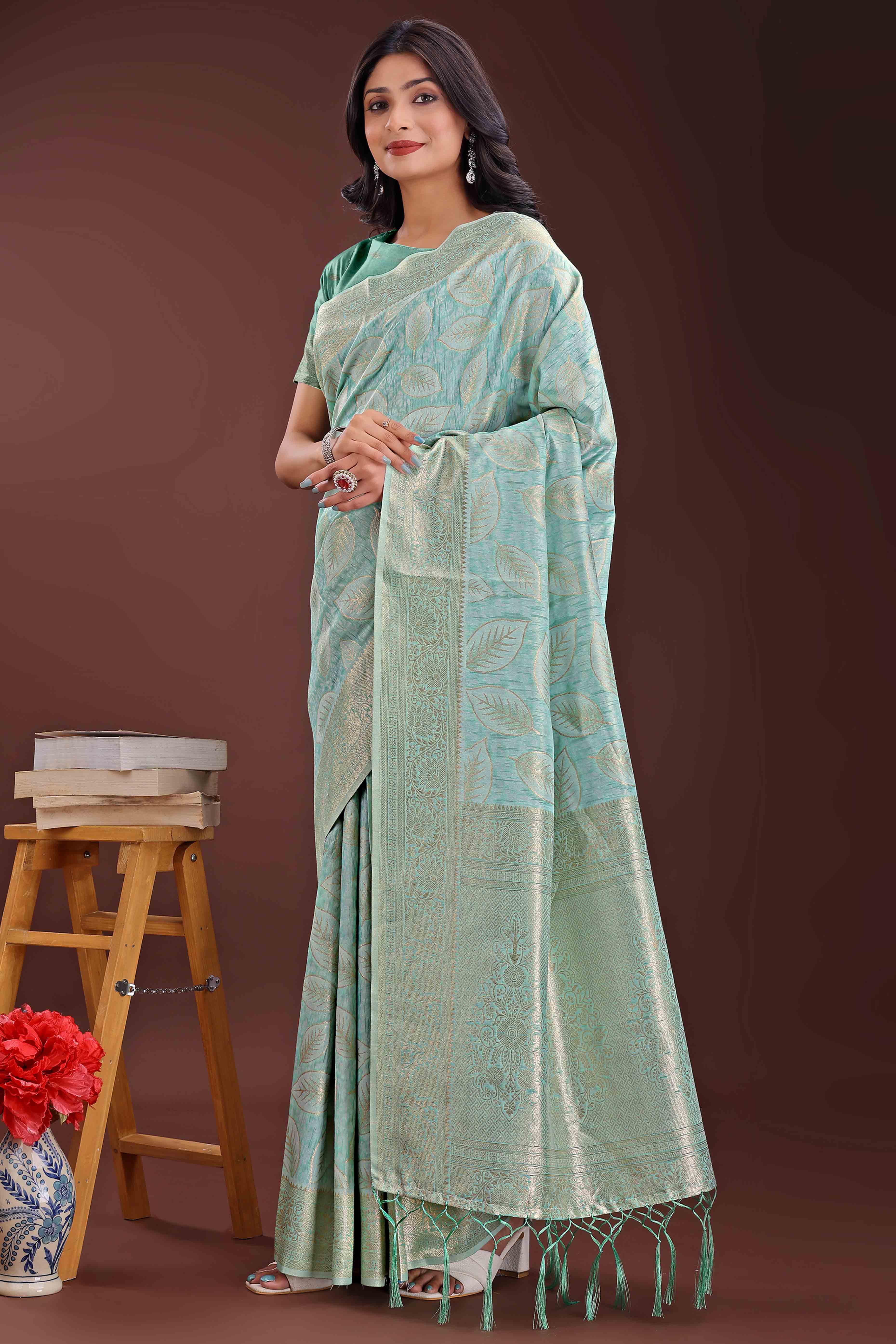Sea Green Brocade Woven Saree in Cotton Silk Blend with Zari Detailing