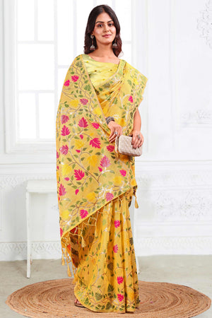 Yellow Linen Cotton Silk Saree Enhanced With Floral Zari Weaving & Tasselled Pallu Finish