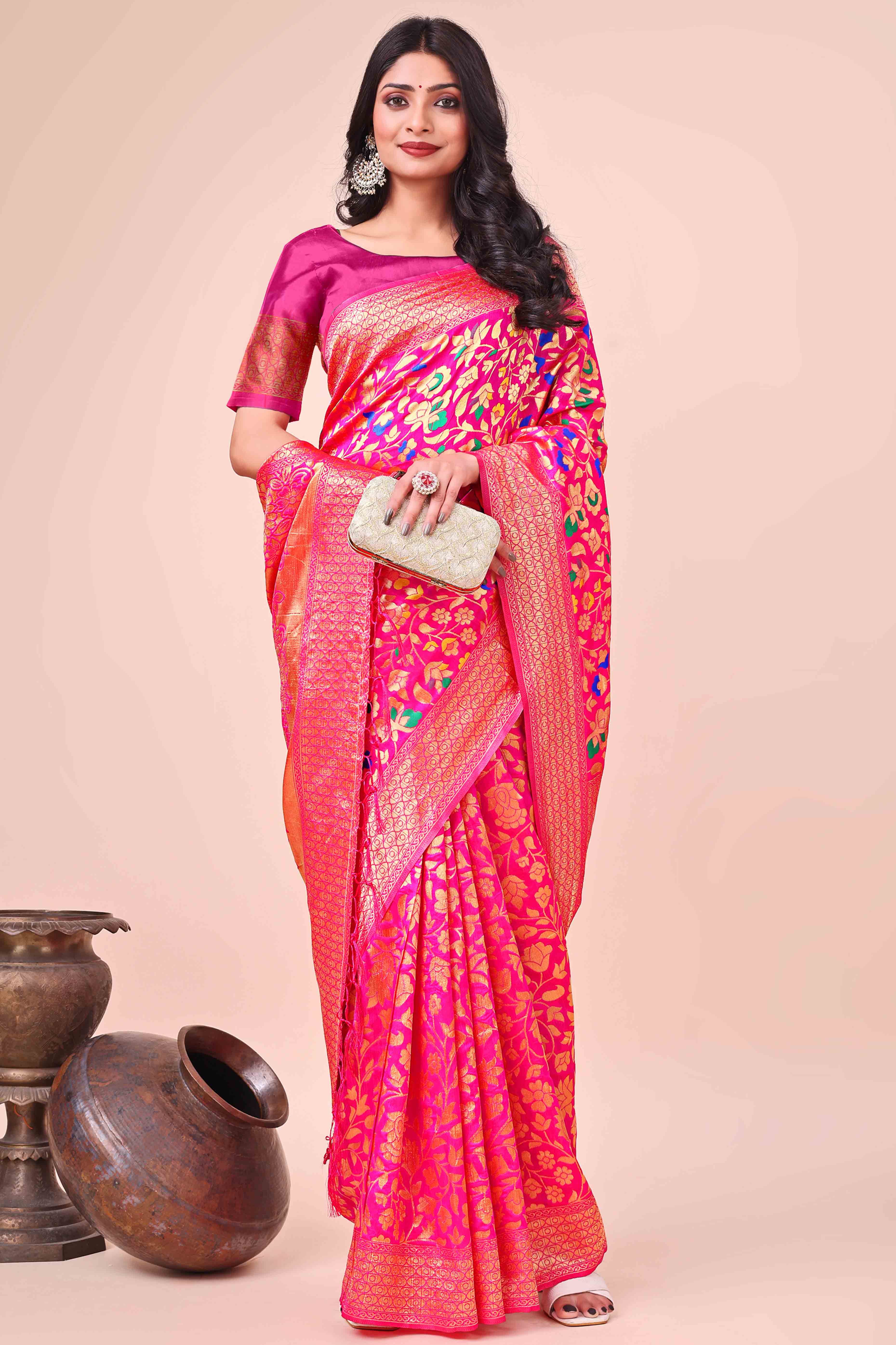 Pink Lichi Banarasi Silk Saree With Floral Zari Work & Tassel Border