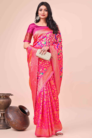 Pink Lichi Banarasi Silk Saree With Floral Zari Work & Tassel Border