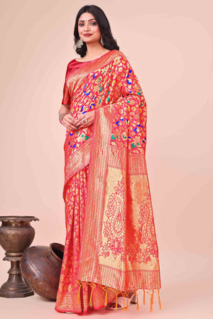 Maroon Lichi Banarasi Silk Saree With Floral Zari Work & Tassel Border