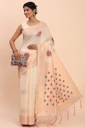 Stylish Offwhite Floral Zari Weaving Linen Cotton Saree With Graceful Tassel Pallu