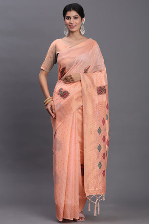 Stylish Peach Floral Zari Weaving Linen Cotton Saree With Graceful Tassel Pallu