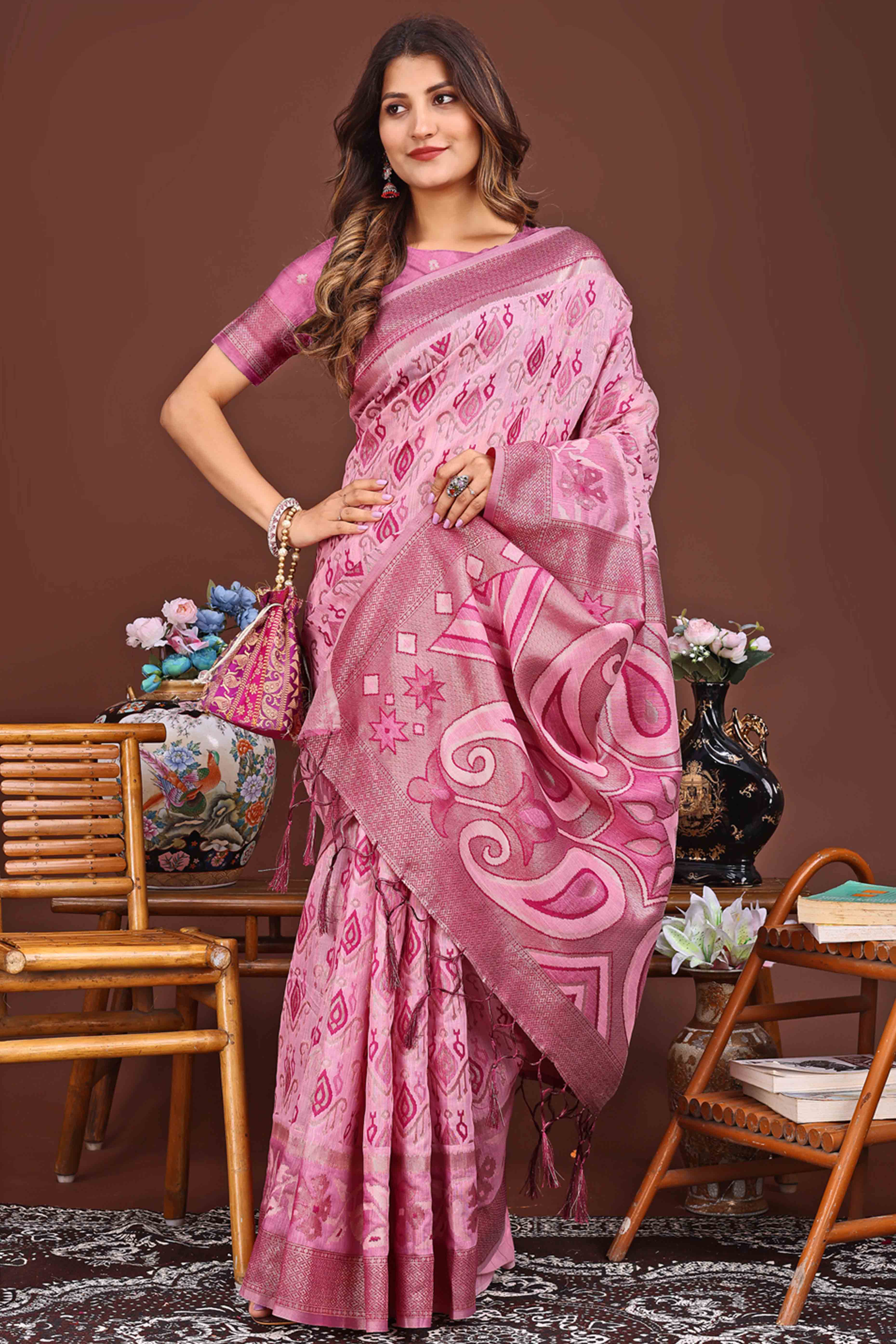 Elegant Zari Woven Pink Linen Cotton Saree With Graceful Tassel Pallu