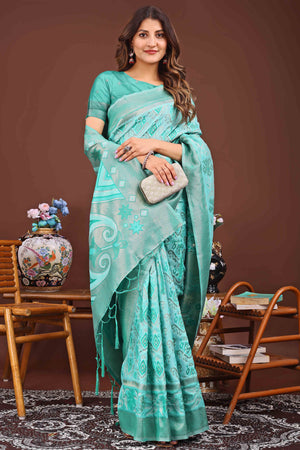 Refreshing Zari Woven Turquoise Linen Cotton Saree With Graceful Tassel Pallu