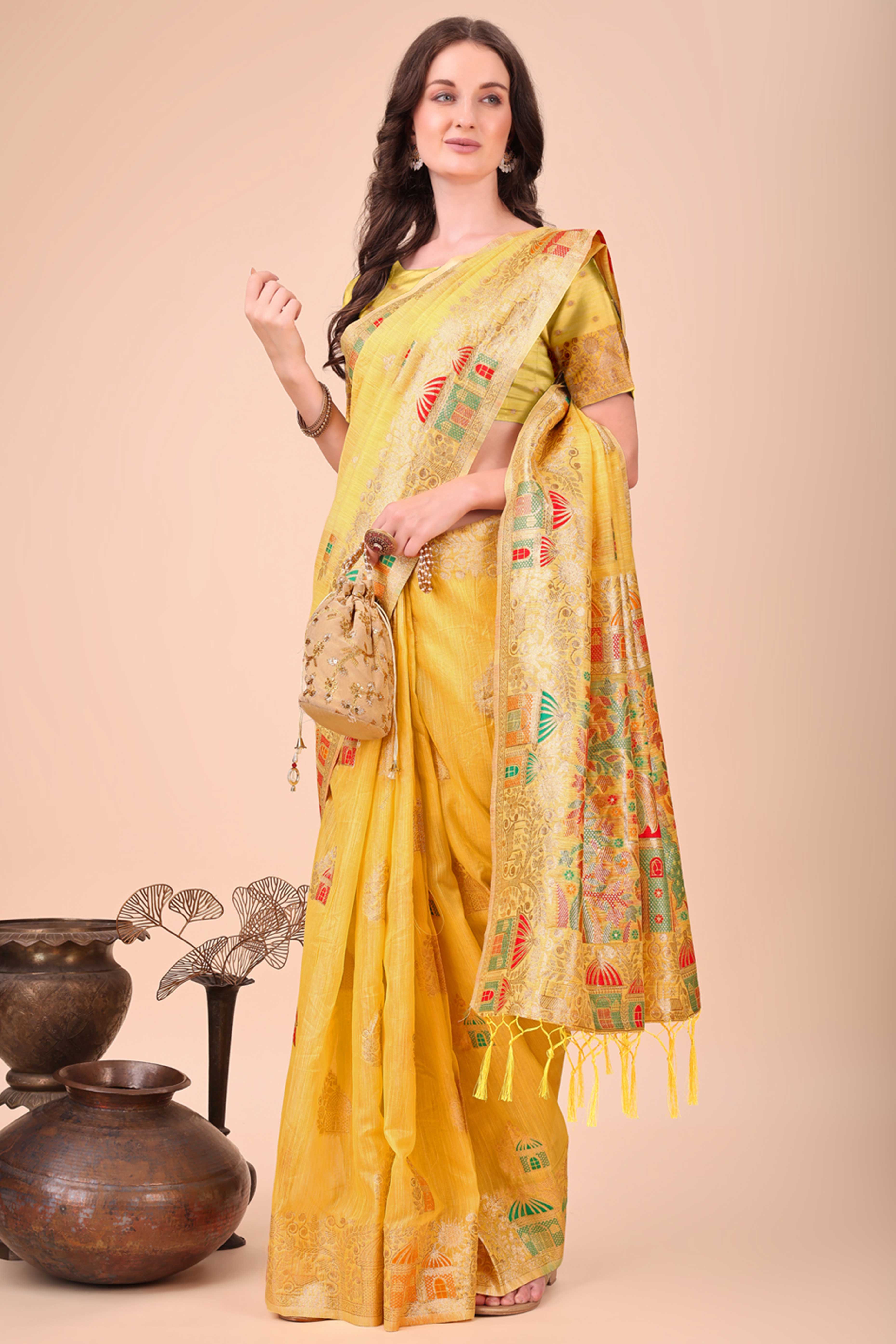 Yellow Zari Woven Linen Cotton Saree With Graceful Tassels