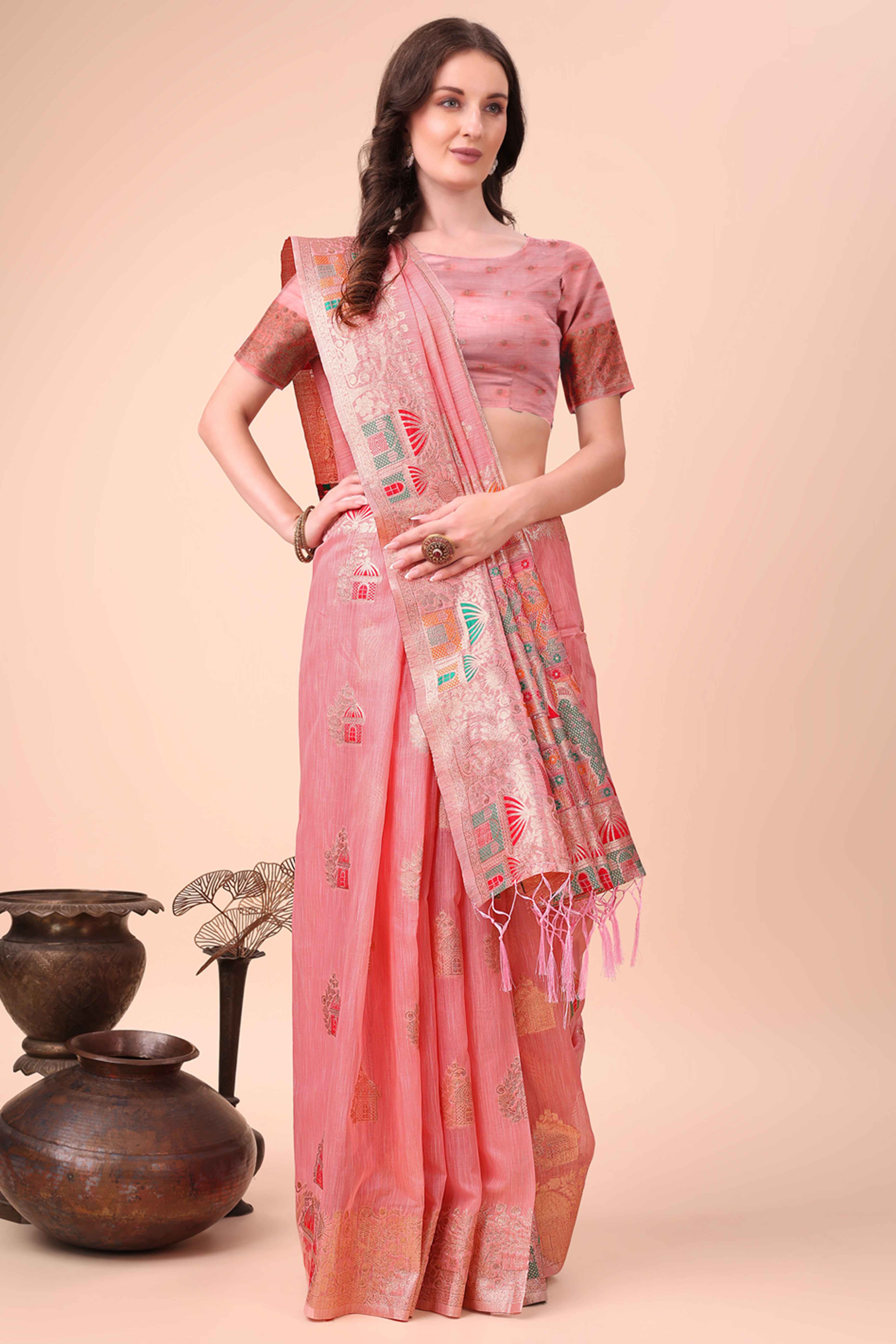 Pink Zari Woven Linen Cotton Saree With Graceful Tassels