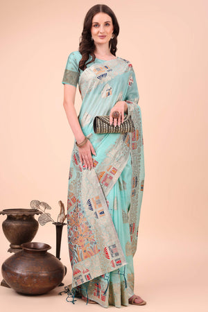 Turquoise Zari Woven Linen Cotton Saree With Graceful Tassels