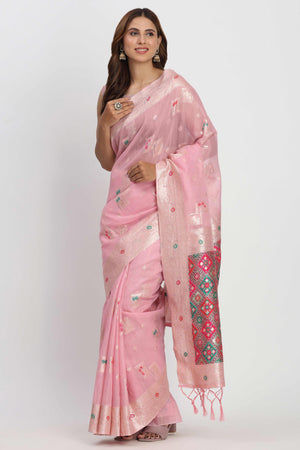 Floral Zari Weaving Brings Regal Beauty To This Light Pink Linen Cotton Saree With Tassel Accents