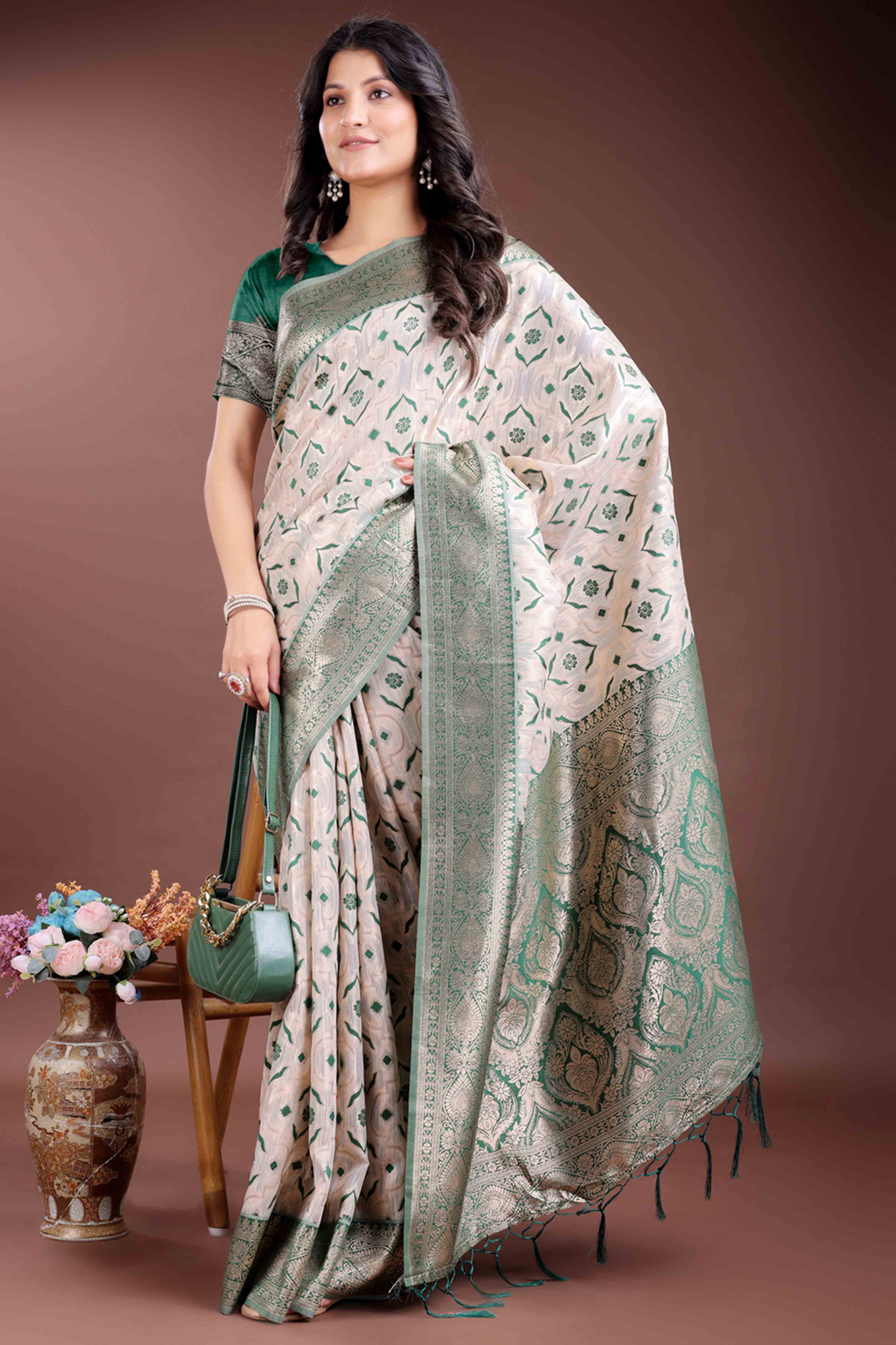 Refreshing Green Traditional Ikkat Style Zari Weaving Cotton Blend Saree with Harmonious Tassels