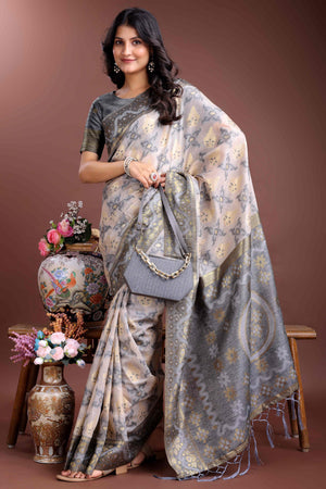 Stylish Grey Traditional Ikkat Style Zari Weaving Cotton Blend Saree with Subtle Tassel Ornaments