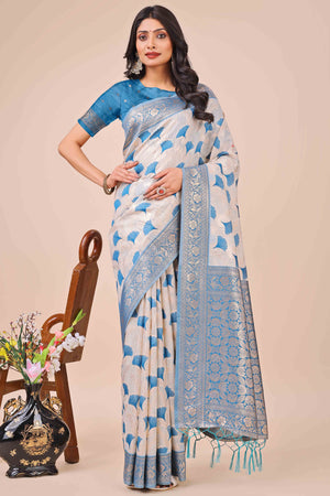 Blue Saree In Linen Cotton With Beautiful Floral Woven Patterns & a Tassel