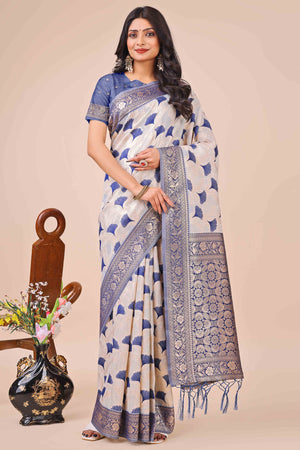 Navy Blue Saree In Linen Cotton With Beautiful Floral Woven Patterns & a Tassel