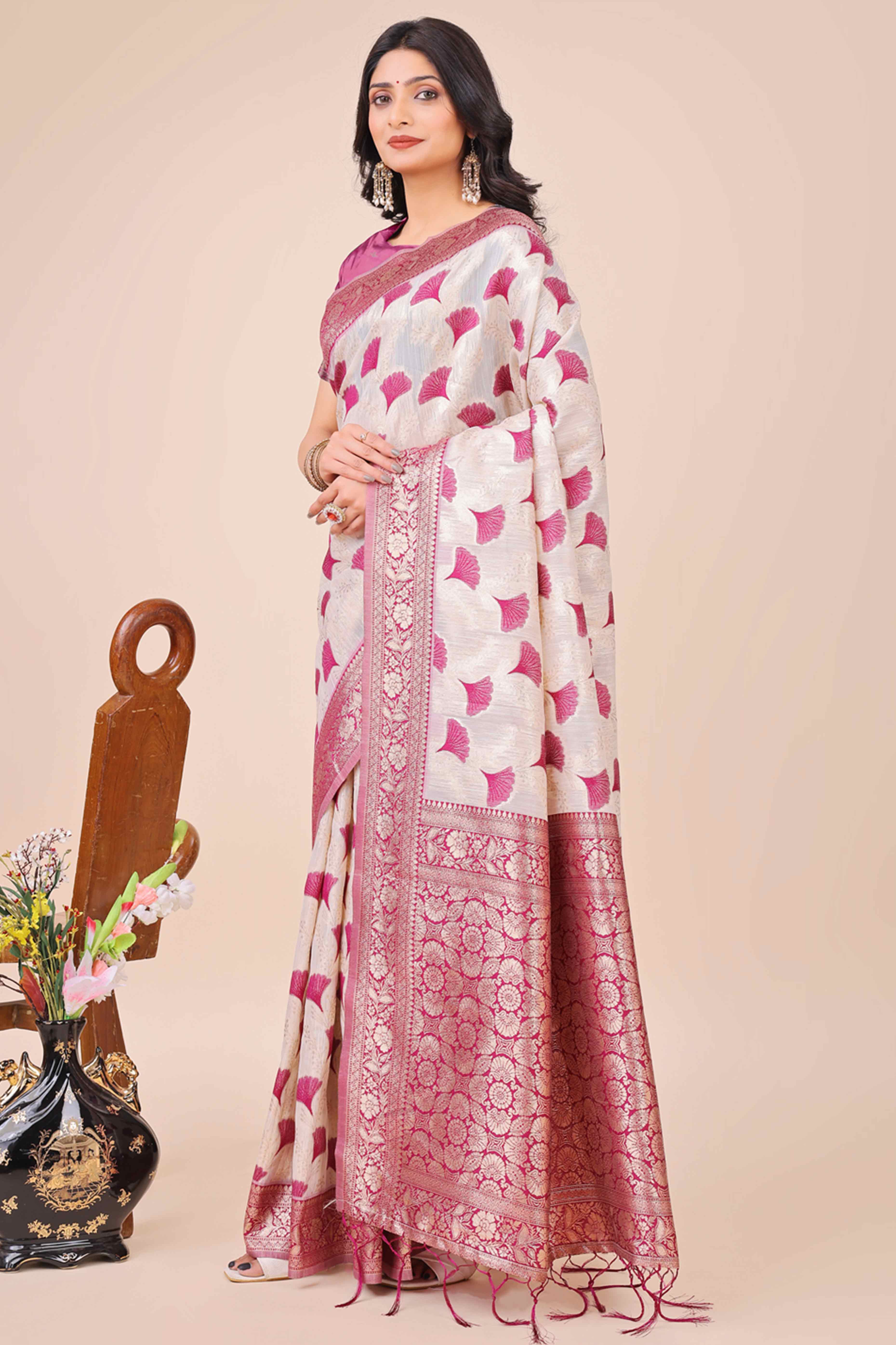 Dark Magenta Saree In Linen Cotton With Beautiful Floral Woven Patterns & a Tassel