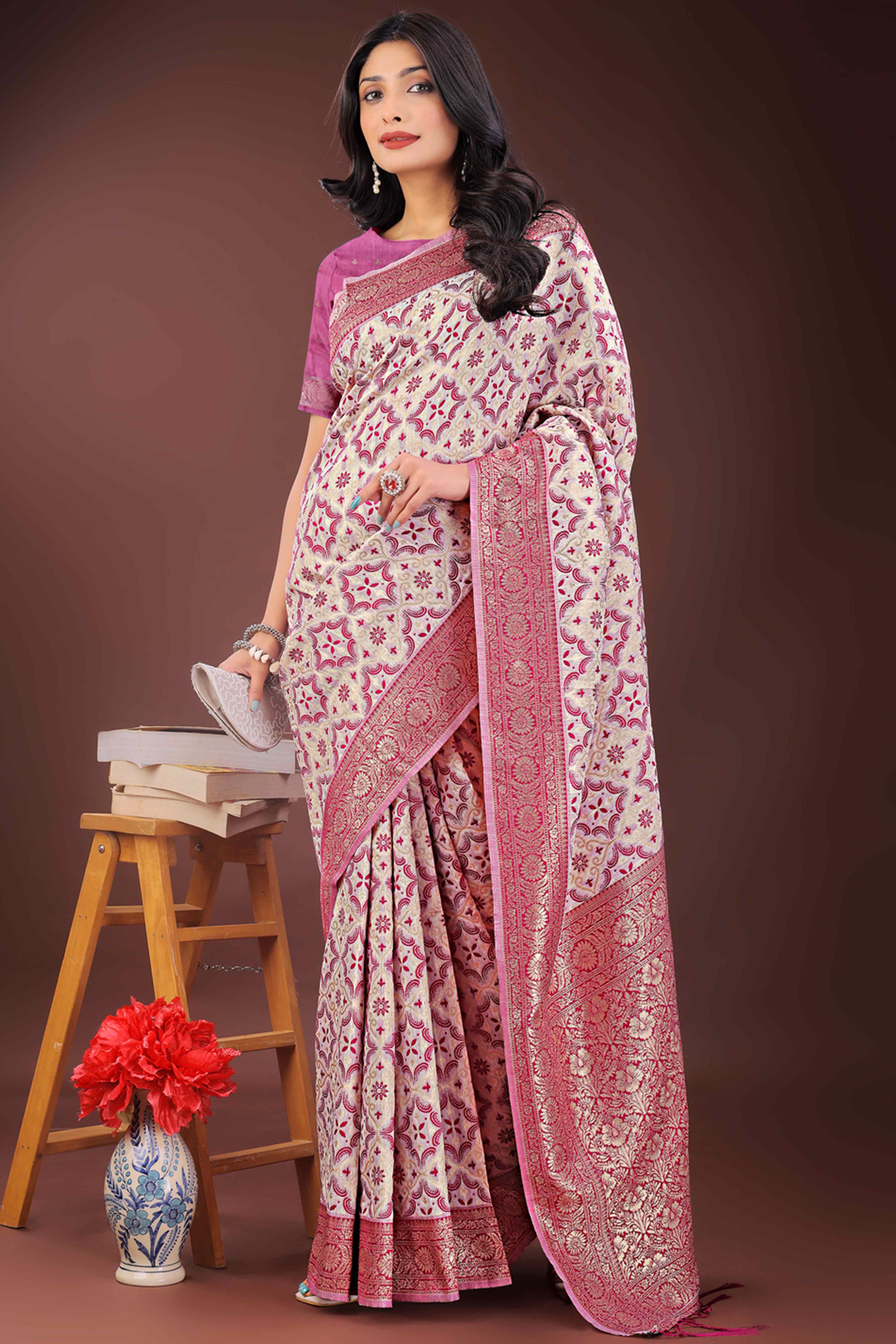 Pink Cotton Blend Saree with Woven Floral Brocade Patterns and Tasseled Borders