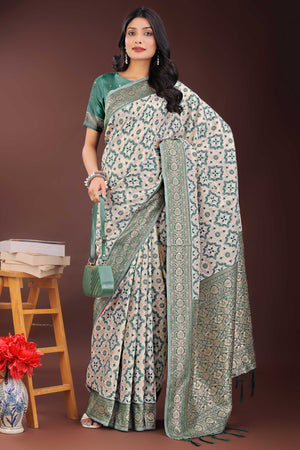 Green Cotton Blend Saree with Woven Floral Brocade Patterns and Tasseled Borders