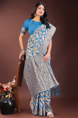 Blue Saree with Zari Woven Geometric Motifs and Graceful Tassel Accents