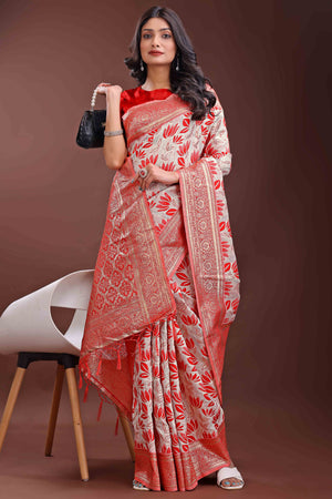 Red Linen Cotton Saree Featuring Graceful Floral Patterns in Zari Weave