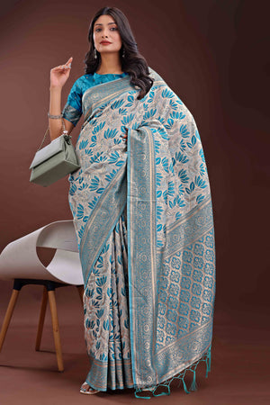 Sky Blue Linen Cotton Saree Featuring Graceful Floral Patterns in Zari Weave