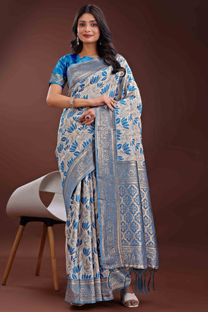 Blue Linen Cotton Saree Featuring Graceful Floral Patterns in Zari Weave