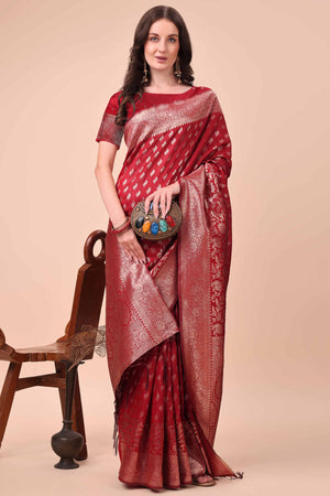 Red Saree In Lichi Silk Blend With Floral Zari Weaving & Delicate Tassel Border