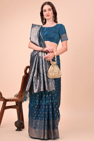 Morpich Blue Saree In Lichi Silk Blend With Floral Zari Weaving & Delicate Tassel Border