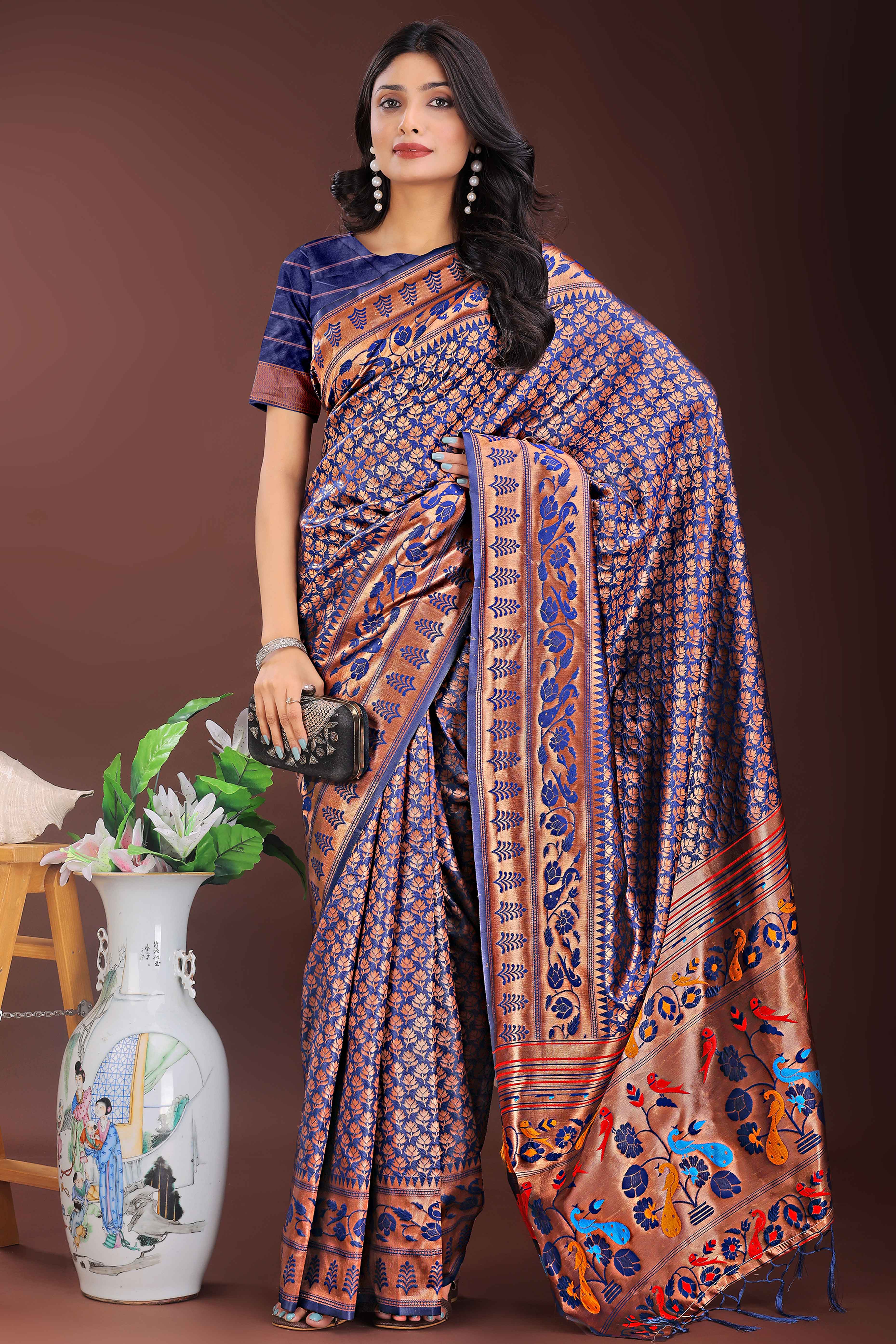 Navy Blue Silk Banarasi Saree with Stunning Zari Woven Brocade Patterns