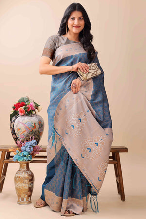 Blue Lichi Cotton Silk Saree With Intricate Zari Weaving In Floral & Geometric Patterns