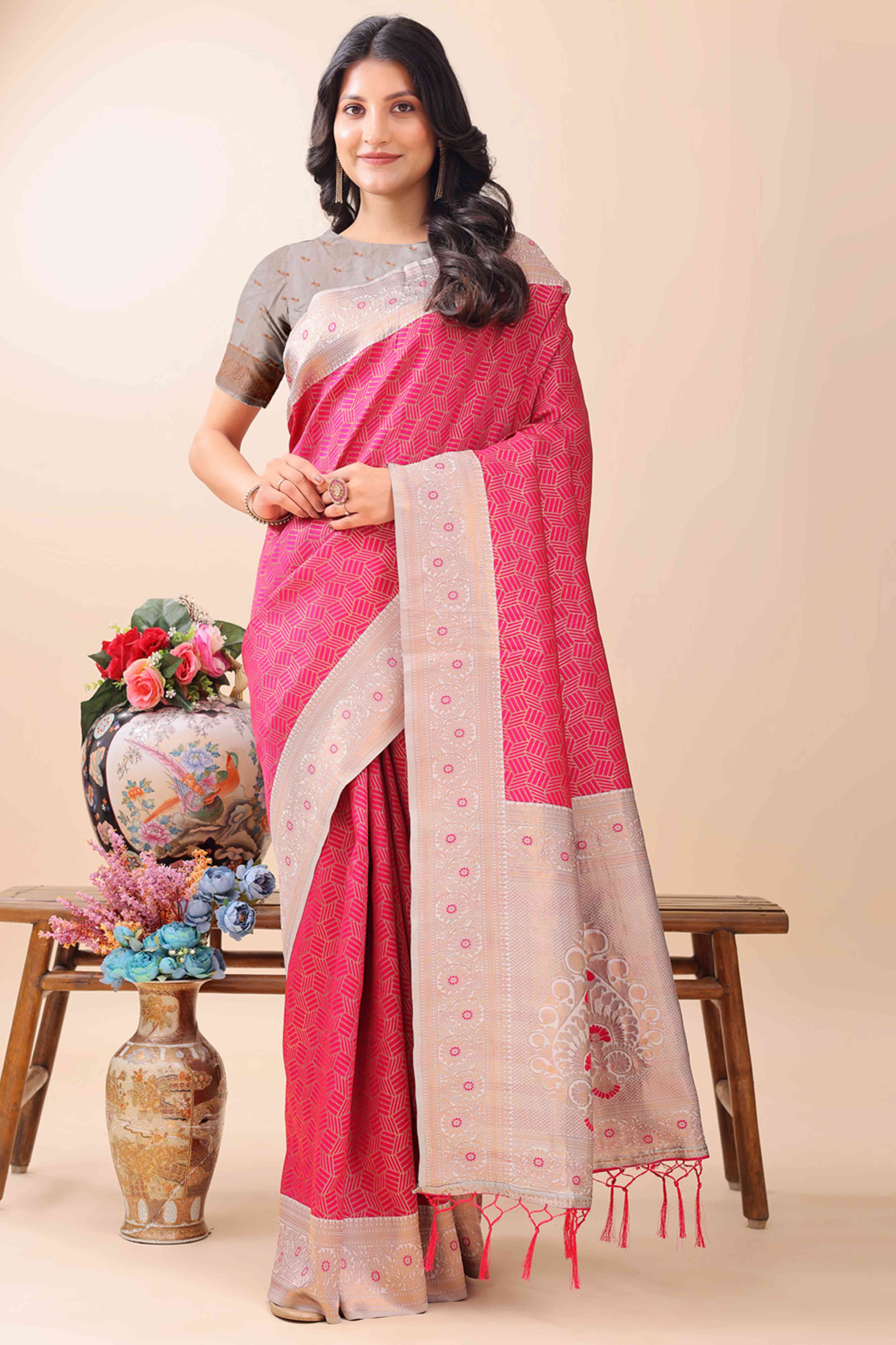 Pink Lichi Cotton Silk Saree With Intricate Zari Weaving In Floral & Geometric Patterns