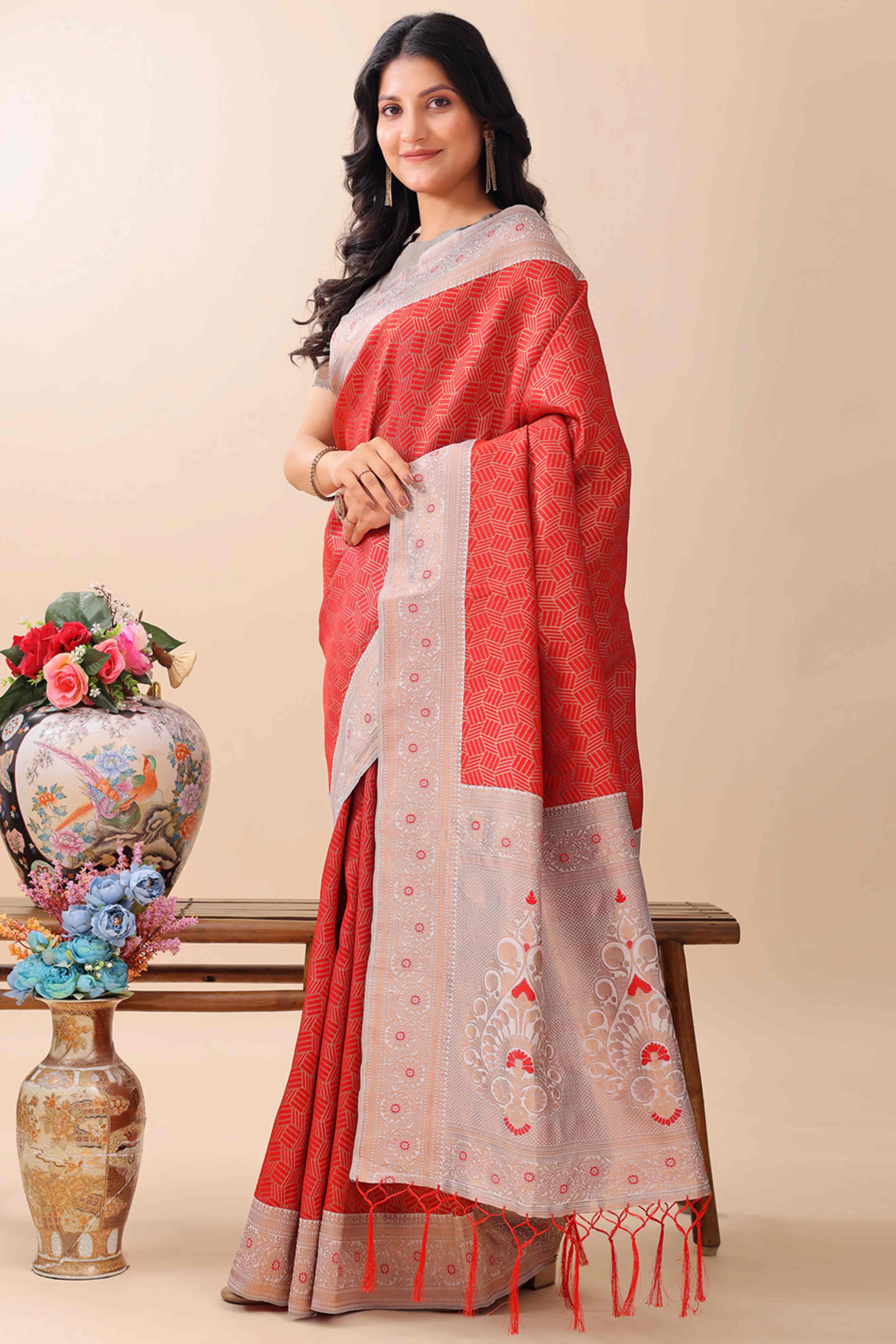 Red Lichi Cotton Silk Saree With Intricate Zari Weaving In Floral & Geometric Patterns