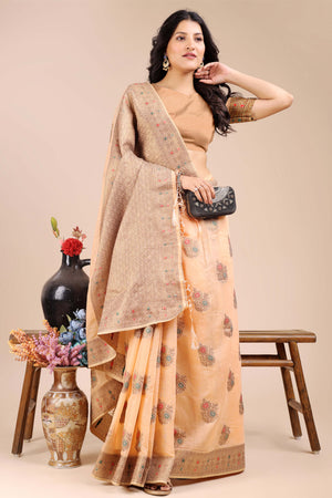 Peach Saree in Cotton Silk with Heritage Inspired Zari Woven Accents
